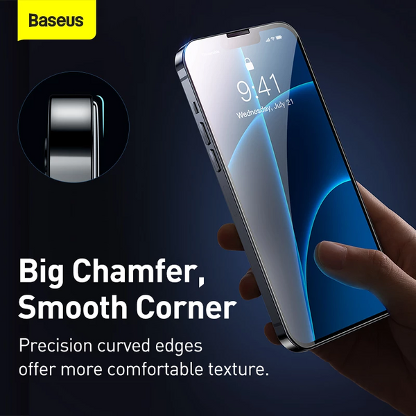iPhone 13 Series Baseus Pack of 2 pcs Edge to edge Porcelain Crystal Tempered Glass protector Black Edges with applying kit